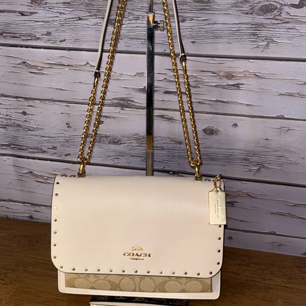 Coach Cream and Khaki signature mini klare shoulder bag / crossbody.